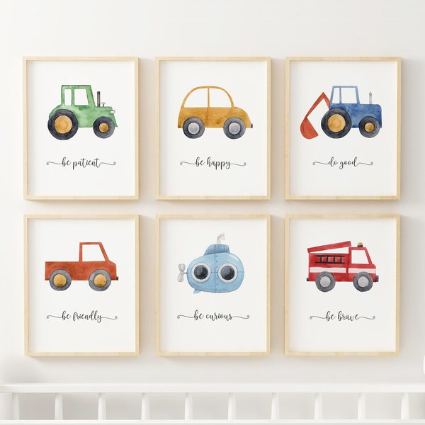 Stampe personalizzate per la scuola materna del veicolo, decorazioni per la camera del bambino della costruzione, arte della parete della galleria per bambini, poster di camion, set di trasporto dell'acquerello