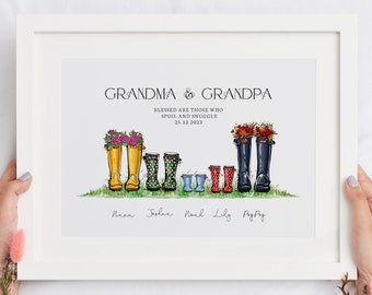 Personalised Grandparent Print, Wellie Boots Custom Grandma & Grandad Gift, Family Personalised Welly Boot, Framed Prints, Christmas Gifts