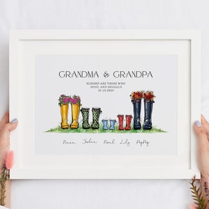 Personalisierte Großeltern Druck, Gummistiefel Benutzerdefinierte Oma & Opa Geschenk, Familie personalisierte Gummistiefel, gerahmte Drucke, Weihnachtsgeschenke