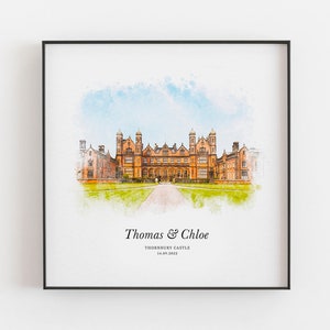 Maßgeschneiderte Hochzeitsort Porträt, 1. Jahrestag Geschenk, neues Haus Druck, Hochzeitsgeschenke, Aquarell Skizze, Housewarming Geschenk, Gebäude Skizze