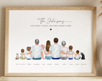 Personalized Family Print, Custom Family Portrait with Pet, Family Photo, Gift for Mum, Daddy Gift, Christmas Gift, Grandparents Gifts, FP1