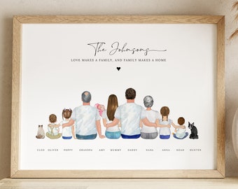 Personalized Family Print, Custom Family Portrait with Pet, Family Photo Gift, Gift for Mum, Daddy Gift, Christmas Gift, Grandparents Gift