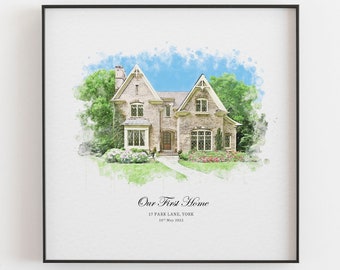 Gepersonaliseerde aquarel huisportret, nieuw huis print cadeau, housewarming cadeau, huisschets, locatietekening, ons eerste huis, makelaar cadeau