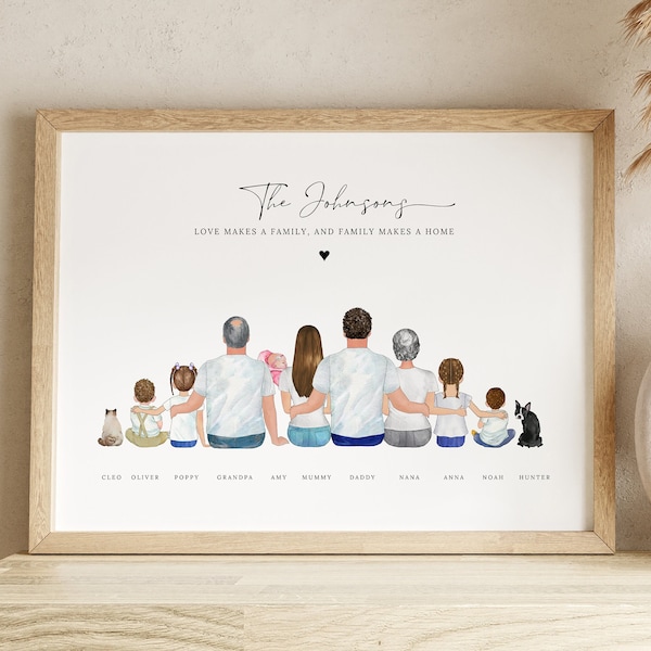 Personalized Family Print, Custom Family Portrait with Pet, Family Photo Gift, Gift for Mum, Daddy Gift, Christmas Gift, Grandparents Gift