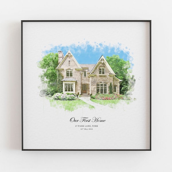 Personalisiertes Aquarell Haus Porträt, neues Zuhause Druck Geschenk, Einweihungsgeschenk, Haus Skizze, Veranstaltungsort Zeichnung, unser erstes Haus, Realtor Geschenk