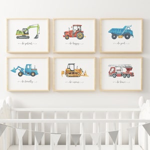 Impresiones personalizadas de guardería de vehículos, decoración de la habitación del bebé de la construcción, arte de la pared de la galería para niños, carteles de camiones, conjunto de transporte de acuarela