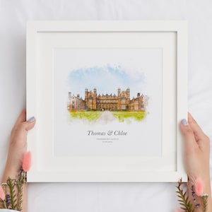 Aquarel trouwlocatieschets, gebouwschets, locatieillustratie, huwelijkscadeau, schilderij van foto, jubileumcadeau, nieuw huis afdruk