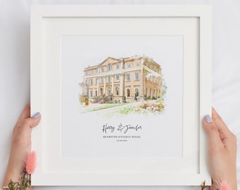 Bespoke Wedding Venue Portrait, 1st Anniversary Gift, New Home Print, Wedding Gifts, Watercolour Sketch, Housewarming Gift, Building Sketch