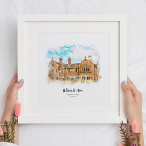 Aquarell Skizze Hochzeitsort, Hochzeitsort Illustration, Einzigartige Paar Geschenke, Personalisiertes Jubiläumsgeschenk, Auftrags Kunst, Kirche Portrait