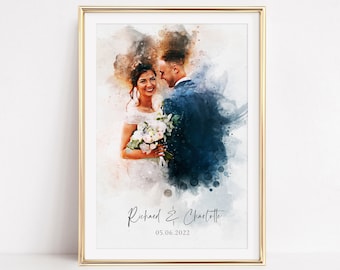 May include: A watercolor painting of a couple on their wedding day. The bride is wearing a white dress and the groom is wearing a blue suit. The painting is set against a light blue background with white and brown accents. The text "Richard & Charlotte 05.06.2022" is written at the bottom of the painting.
