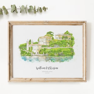 Afdruk trouwlocatie, huwelijkscadeau, 1e huwelijksverjaardag, schets locatie, schilderij van foto, gepersonaliseerde tekening, cadeau koppel