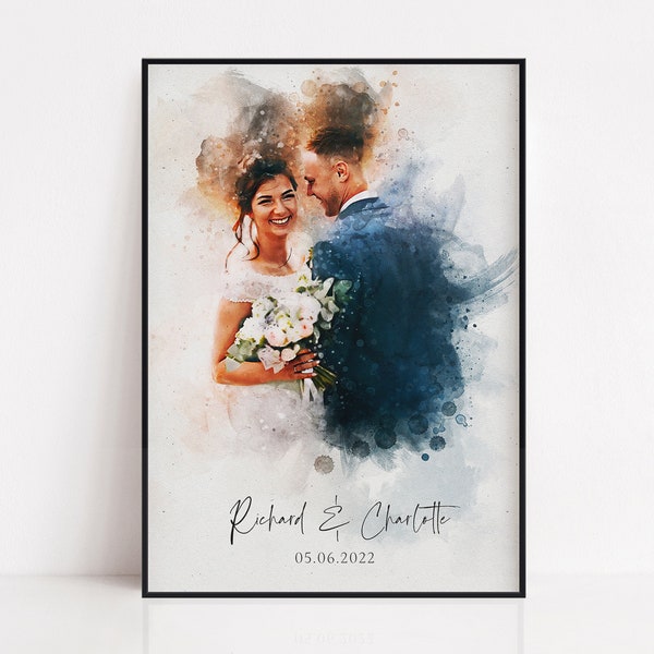 Personalisiertes Hochzeitsportrait, Gemälde vom Foto, Benutzerdefinierter Aquarelldruck, Paar Jahrestag, Handgemachte Illustration, Geschenk für Sie Und Ihn