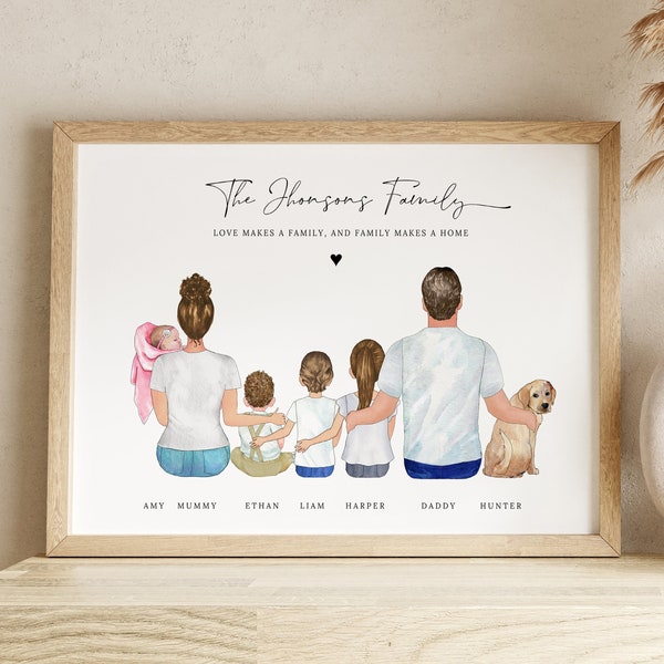 Niestandardowy portret rodzinny Print, spersonalizowany prezent dla rodziny, nasza rodzinna kreskówka cyfrowa do pobrania, prezenty dla dzieci dla mamy, prezent na parapetówkę