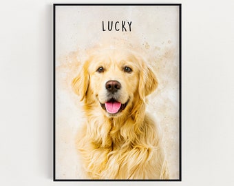 May include: A framed print of a golden retriever dog with the name "Lucky" written in black text on a white background.