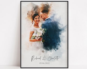 Personalisiertes Hochzeitsportrait, Gemälde vom Foto, Benutzerdefinierter Aquarelldruck, Paar Jahrestag, Handgemachte Illustration, Geschenk für Sie Und Ihn