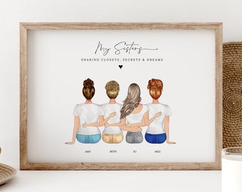 Custom Sisters Print, Custom Family Portrait, Best Friends Photo, Friendship Drawing, Big Sister Birthday Gift, Girlfriends Picture, FP1