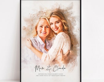 Puede incluir: Un retrato al agua de dos mujeres, una madre y su hija, abrazándose. La imagen está en tonos suaves de marrón y blanco con una cita debajo: "Las madres sostienen las manos de sus hijos por un corto tiempo, pero sus corazones para siempre."