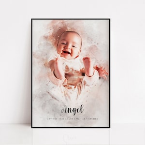 May include: A watercolor portrait of a baby with a pink and white background. The baby is smiling and has their feet up in the air. The text "Angel" is written below the baby's image, along with the date "25th DEC 2023", weight "6 LBS 3 OZ", and length "18.5 INCHES".