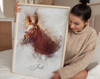 May include: A watercolor painting of a brown horse with a bridle, set against a white background with a light brown watercolor wash. The horse's name, "Jack", is written in cursive at the bottom of the painting.