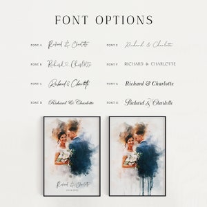 May include: A watercolour wedding portrait of a couple with the text "Richard & Charlotte 05.06.2022" below the image. The portrait is in a black frame. There are eight different font options for the names displayed above the portrait.