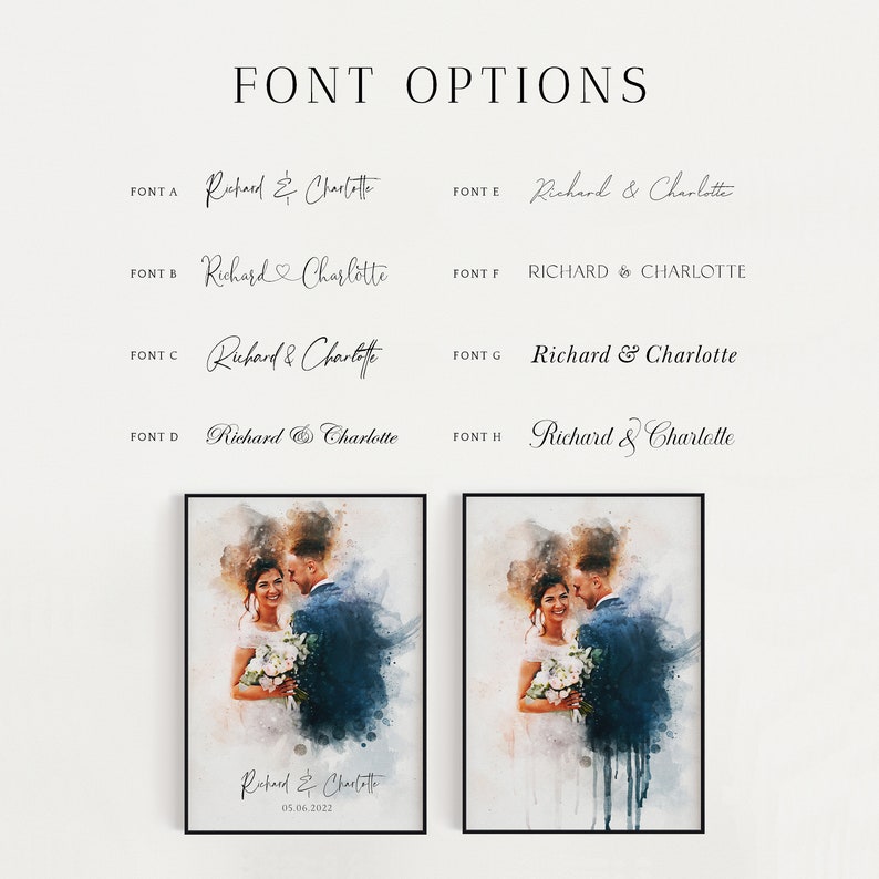 May include: A watercolour wedding portrait of a couple with the text "Richard & Charlotte 05.06.2022" below the image. The portrait is in a black frame. There are eight different font options for the names displayed above the portrait.