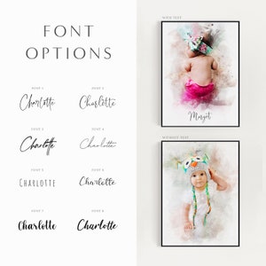 May include: A digital art print with a watercolor effect featuring a baby girl wearing a pink hat and pink outfit. The print includes the text "Margot" in a black font.