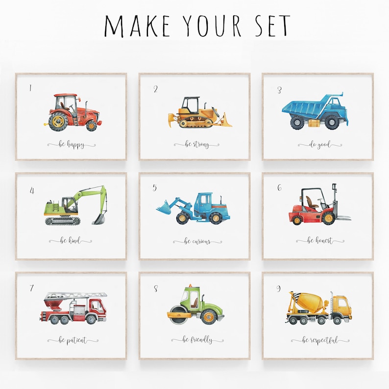 Op de afbeelding: Negen aquarel illustraties van bouwvoertuigen met een nummer en een positieve karaktereigenschap onder elk. De voertuigen omvatten een tractor, een bulldozer, een kiepwagen, een graafmachine, een shovel, een vorkheftruck, een brandweerwagen, een wals en een betonmixer.