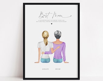 Mom Custom Portrait Print, Personalized Gift for Mother's Day, Mum and Daughter Illustration Digital Download, Kids Present for Nana Grandma