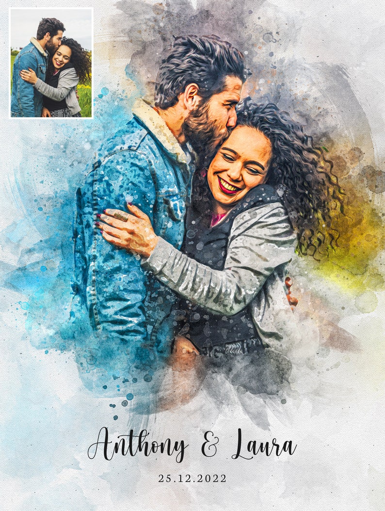 Retrato de acuarela personalizado, regalo de San Valentín, retrato a partir de una foto, regalo hecho a mano, regalo de primer aniversario, regalo de pareja, regalo para ella o para él. imagen 3