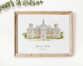 Wedding Venue Digital Print, Wedding Gift, 1st Wedding Anniversary Present, Venue Painting from Photo, Personalised Couple Drawing, V2