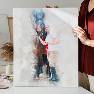 May include: A watercolor painting of a person standing next to a brown horse. The person is wearing a white shirt, khaki pants, and black riding boots. The horse has a red halter and is standing on a light brown background.