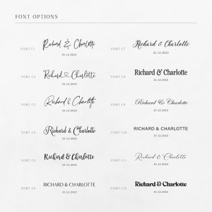 Puede incluir: Un gr&aacute;fico que muestra 12 estilos de fuente diferentes para una invitaci&oacute;n de boda. Los nombres "Richard & Charlotte" se muestran en cada estilo de fuente con la fecha "25.12.2022" debajo.