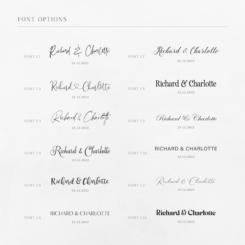 Puede incluir: Un gr&aacute;fico que muestra 12 estilos de fuente diferentes para una invitaci&oacute;n de boda. Los nombres "Richard & Charlotte" se muestran en cada estilo de fuente con la fecha "25.12.2022" debajo.