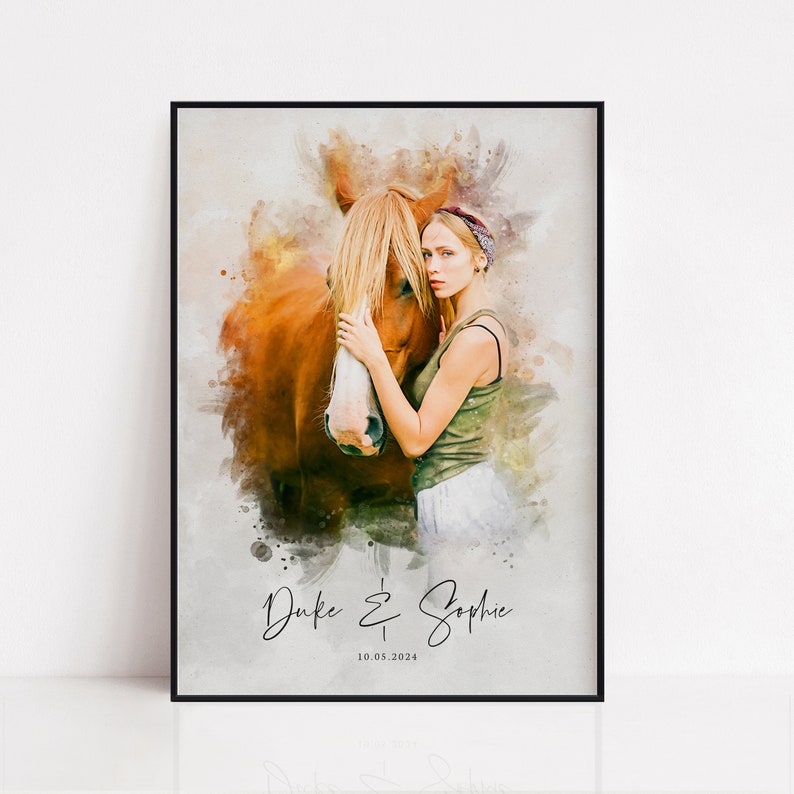 May include: A watercolor painting of a woman with a horse. The woman is wearing a green tank top and a headband. The horse is brown and white. The painting is on a white background with the text "Duke & Sophie 10.05.2024" at the bottom.