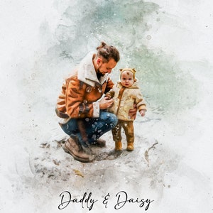 May include: A watercolor painting of a father and daughter. The father is wearing a brown jacket and jeans, and the daughter is wearing a white jacket and a yellow hat. The painting is set against a light blue background with white splatters.