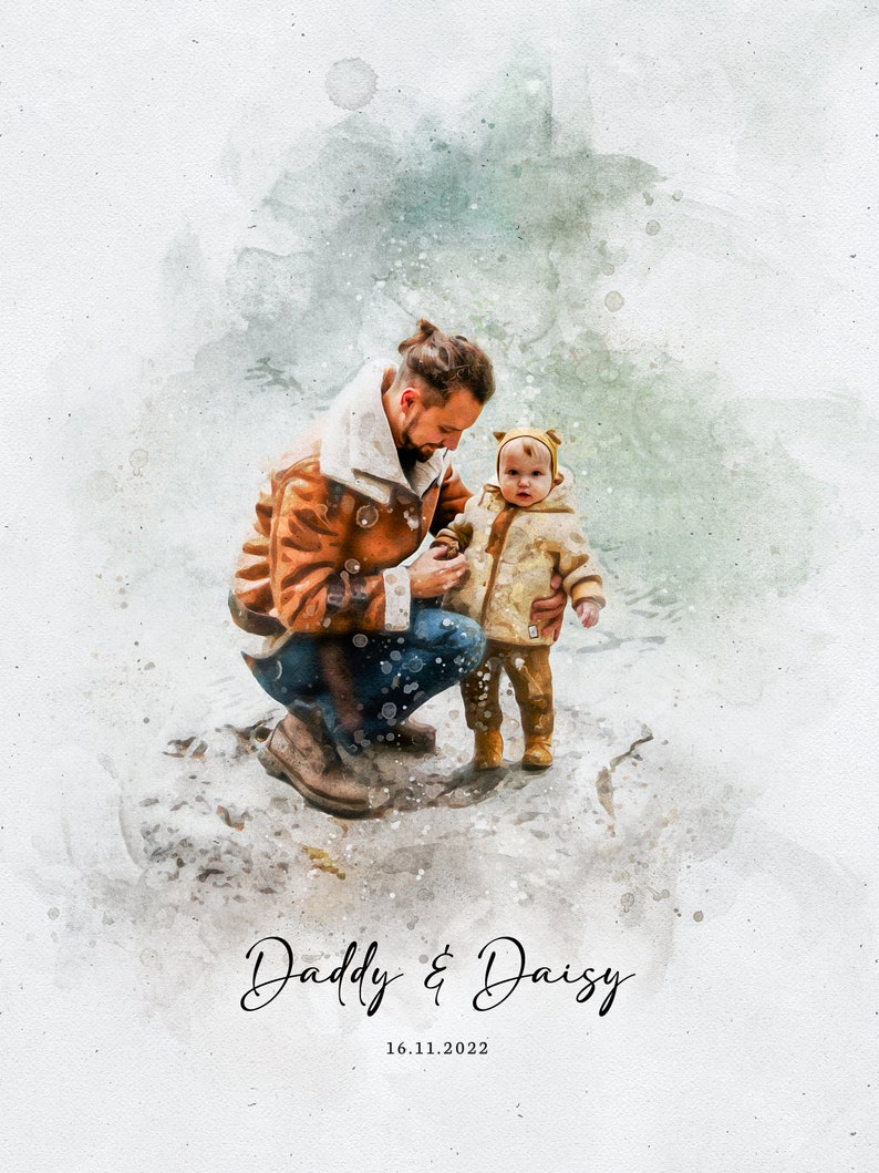 May include: A watercolor painting of a father and daughter. The father is wearing a brown jacket and jeans, and the daughter is wearing a white jacket and a yellow hat. The painting is set against a light blue background with white splatters.