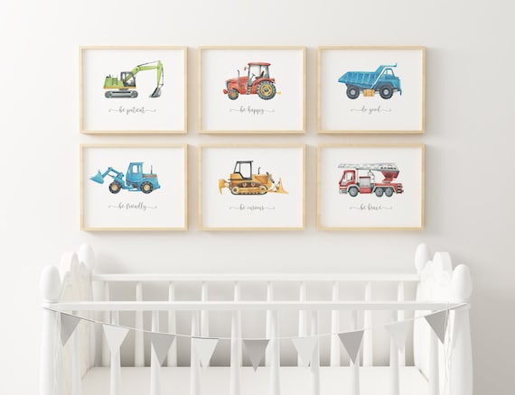 Personalised Vehicle Nursery Prints, Construction Baby Boy Room Decor, Kids Gallery Wall Art, Truck Posters, Watercolor Transportation Set