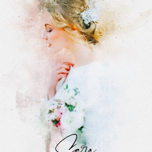 May include: A watercolour painting of a woman in a white dress holding a bouquet of flowers. The woman's hair is styled with a white flower accessory. The painting has a soft, romantic feel.