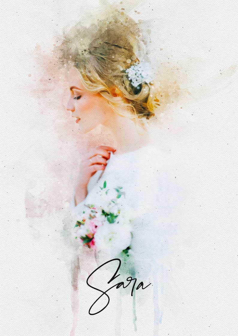 May include: A watercolour painting of a woman in a white dress holding a bouquet of flowers. The woman's hair is styled with a white flower accessory. The painting has a soft, romantic feel.