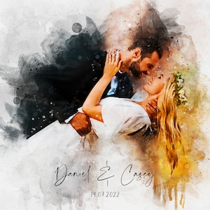 May include: A watercolour painting of a couple embracing. The bride is wearing a white dress and the groom is wearing a suit. The painting is set against a background of black and white watercolour washes. The text "Daniel & Casey 14.07.2022" is written below the couple.