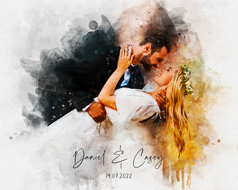 May include: A watercolour painting of a couple embracing. The bride is wearing a white dress and the groom is wearing a suit. The painting is set against a background of black and white watercolour washes. The text "Daniel & Casey 14.07.2022" is written below the couple.