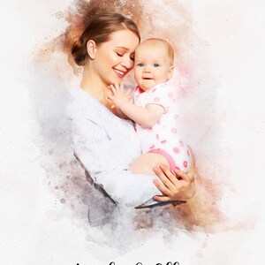 May include: A watercolor painting of a mother and her baby daughter. The mother is holding the baby in her arms and they are both smiling. The text "Linda & Ella" is written below them.