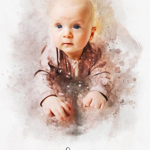 May include: A watercolor painting of a baby with blue eyes looking up. The baby is wearing a brown onesie and is lying on its stomach. The background is a soft watercolor wash of pink, orange, and yellow. The name "Esme" is written in cursive at the bottom of the image.