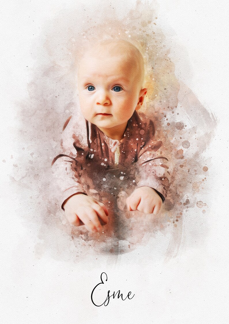 May include: A watercolor painting of a baby with blue eyes looking up. The baby is wearing a brown onesie and is lying on its stomach. The background is a soft watercolor wash of pink, orange, and yellow. The name "Esme" is written in cursive at the bottom of the image.