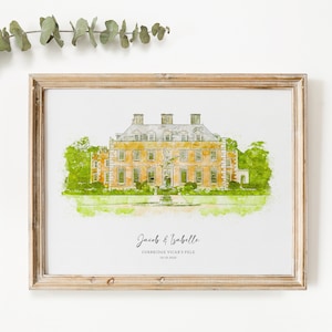K&ouml;nnte beinhalten: Ein Aquarellbild eines gro&szlig;en, gelben Hauses mit einem gr&uuml;nen Rasen und B&auml;umen. Der Text "Jacob & Isabelle, Corbridge Vicar's Pele, 18.12.2021" ist unter dem Haus gedruckt.