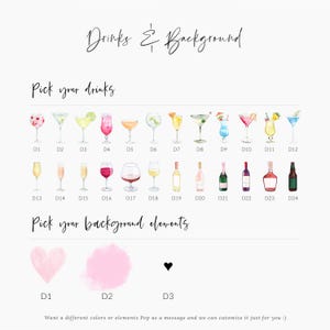 May include: A customizable design template for a party invitation. The template features a selection of drinks and background elements. The drinks include cocktails, wine, beer, and champagne. The background elements include a heart, a pink watercolor splatter, and a black heart.