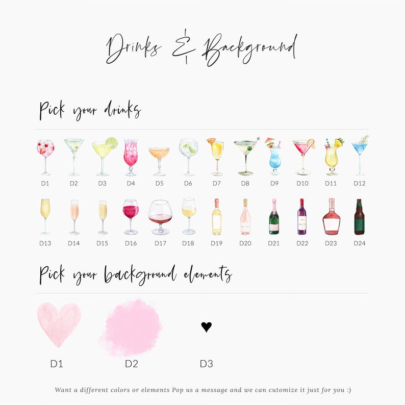 May include: A customizable design template for a party invitation. The template features a selection of drinks and background elements. The drinks include cocktails, wine, beer, and champagne. The background elements include a heart, a pink watercolor splatter, and a black heart.