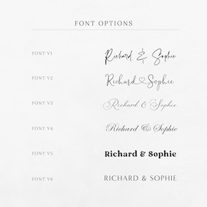 May include: Six different font options for the names "Richard & Sophie" are shown. The first font is a cursive script with a flourish. The second font is a cursive script with a heart symbol. The third font is a cursive script with a simple ampersand. The fourth font is a cursive script with a stylized ampersand. The fifth font is a bold, sans-serif font. The sixth font is a sans-serif font in all capital letters.