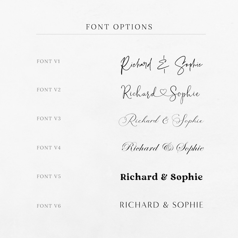 May include: Six different font options for the names "Richard & Sophie" are shown. The first font is a cursive script with a flourish. The second font is a cursive script with a heart symbol. The third font is a cursive script with a simple ampersand. The fourth font is a cursive script with a stylized ampersand. The fifth font is a bold, sans-serif font. The sixth font is a sans-serif font in all capital letters.