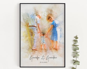 Cadeau de Noël pour grand-parent, nounou, grand-père, grand-père, portrait de famille à l'aquarelle, peinture numérique, impression personnalisée